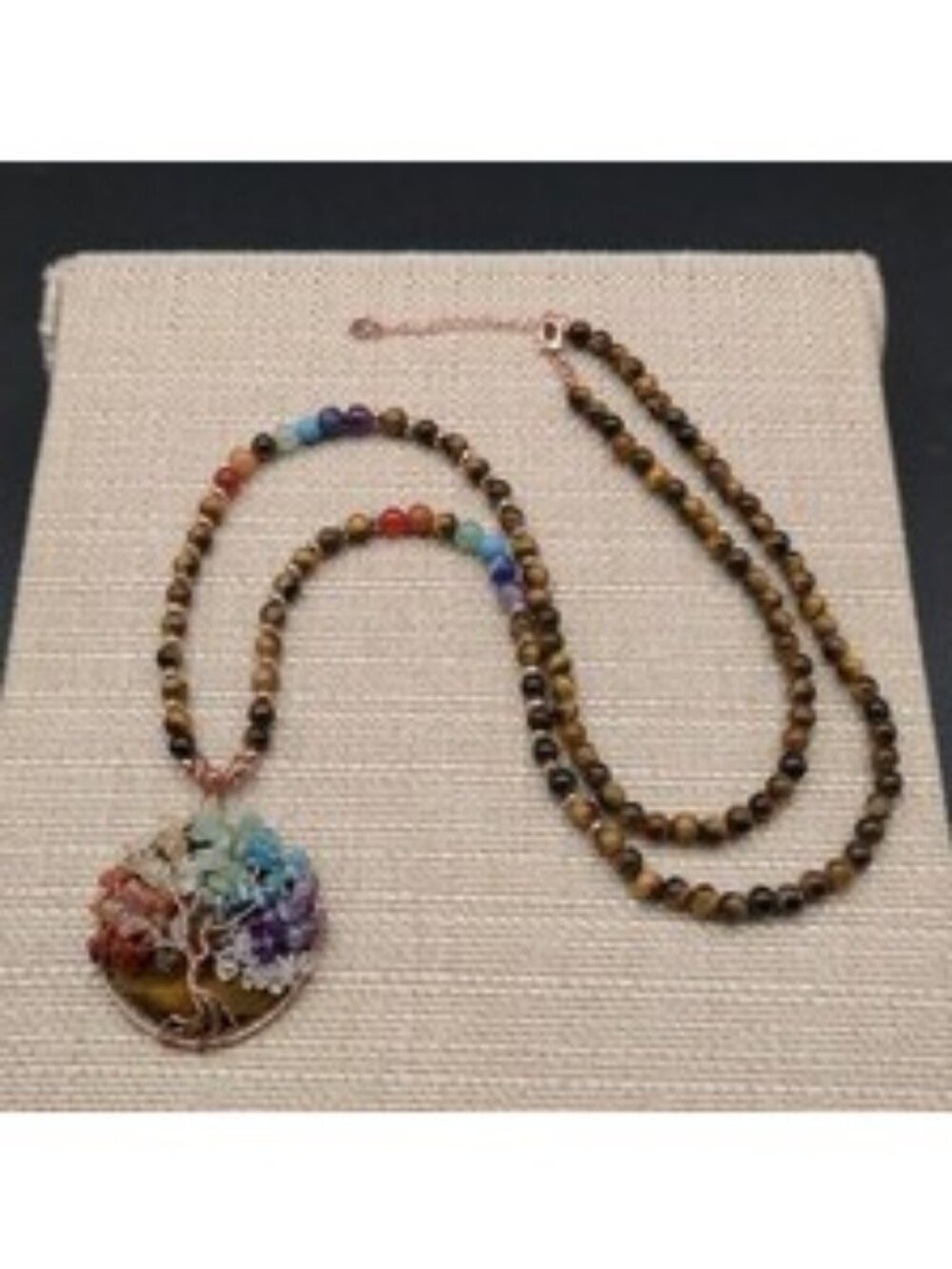 34 Inch 7 Chakra Tree of Life Wire Wrapped Pendant Tiger Eye Necklace B1487